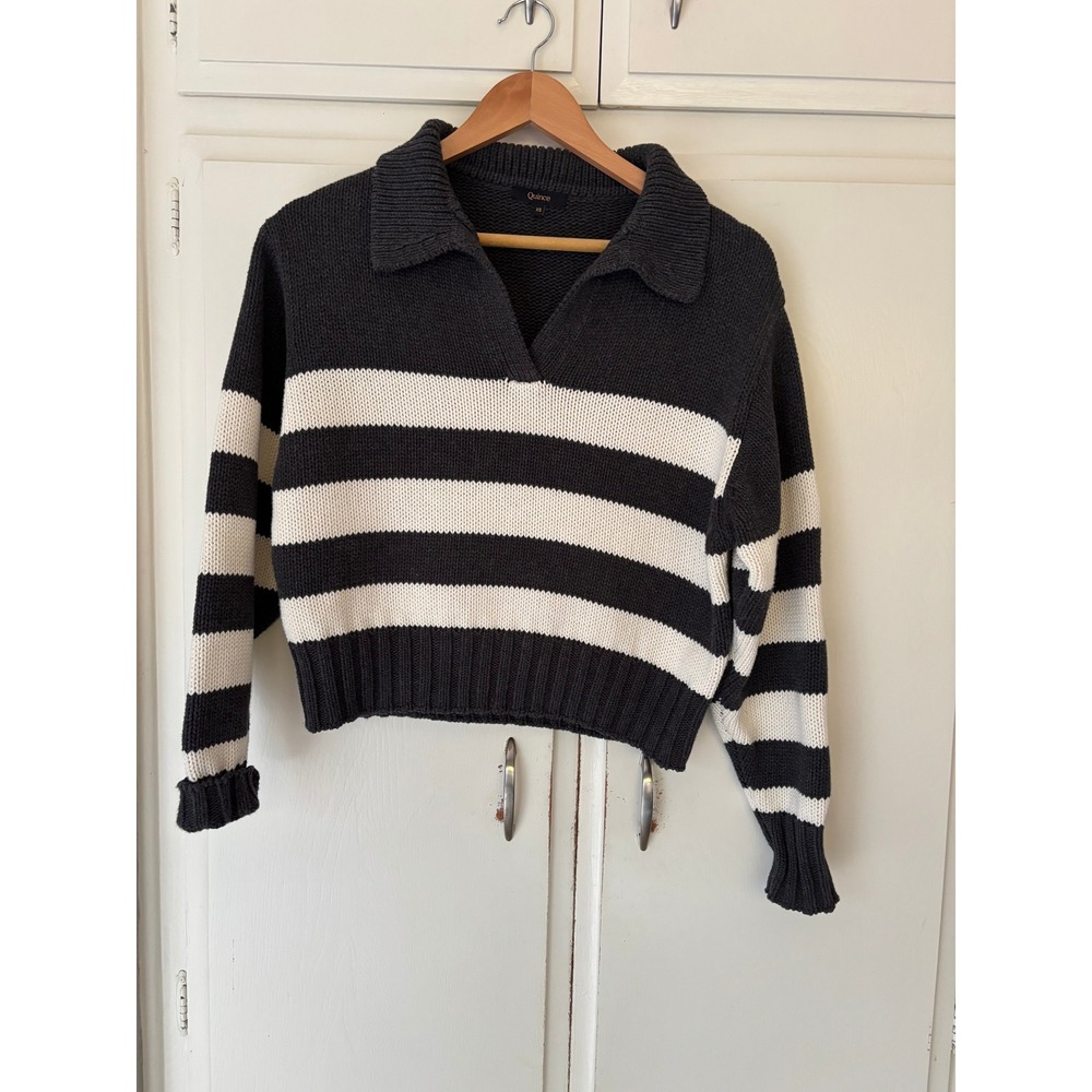 Quince Organic Cotton Striped Polo Sweater Charcoal Ivory XS Cropped V-Neck